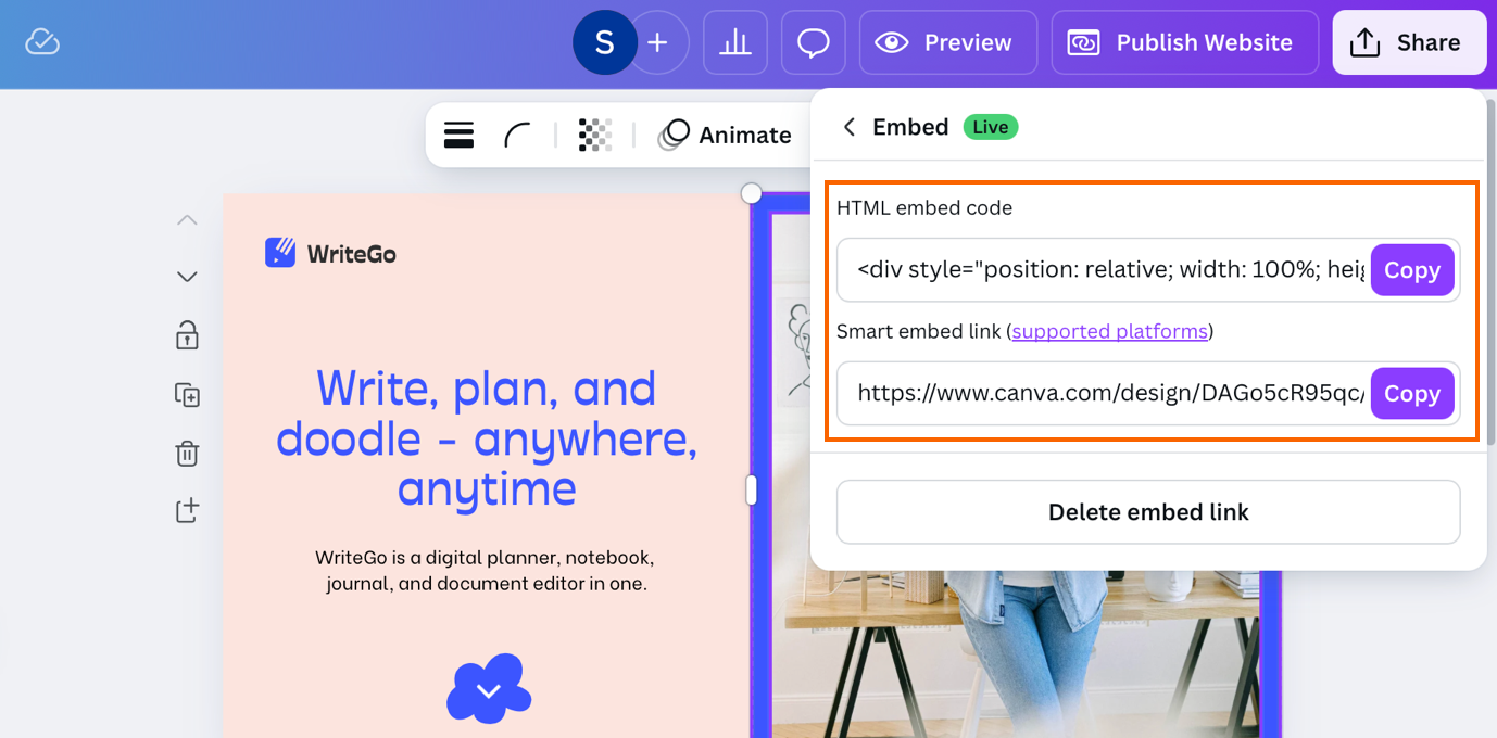 Choose “HTML embed code” or “Smart embed link”