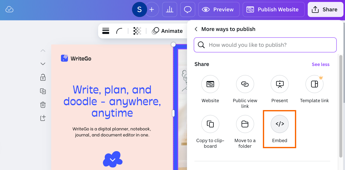 Choose Embed to Convert Canva to HTML